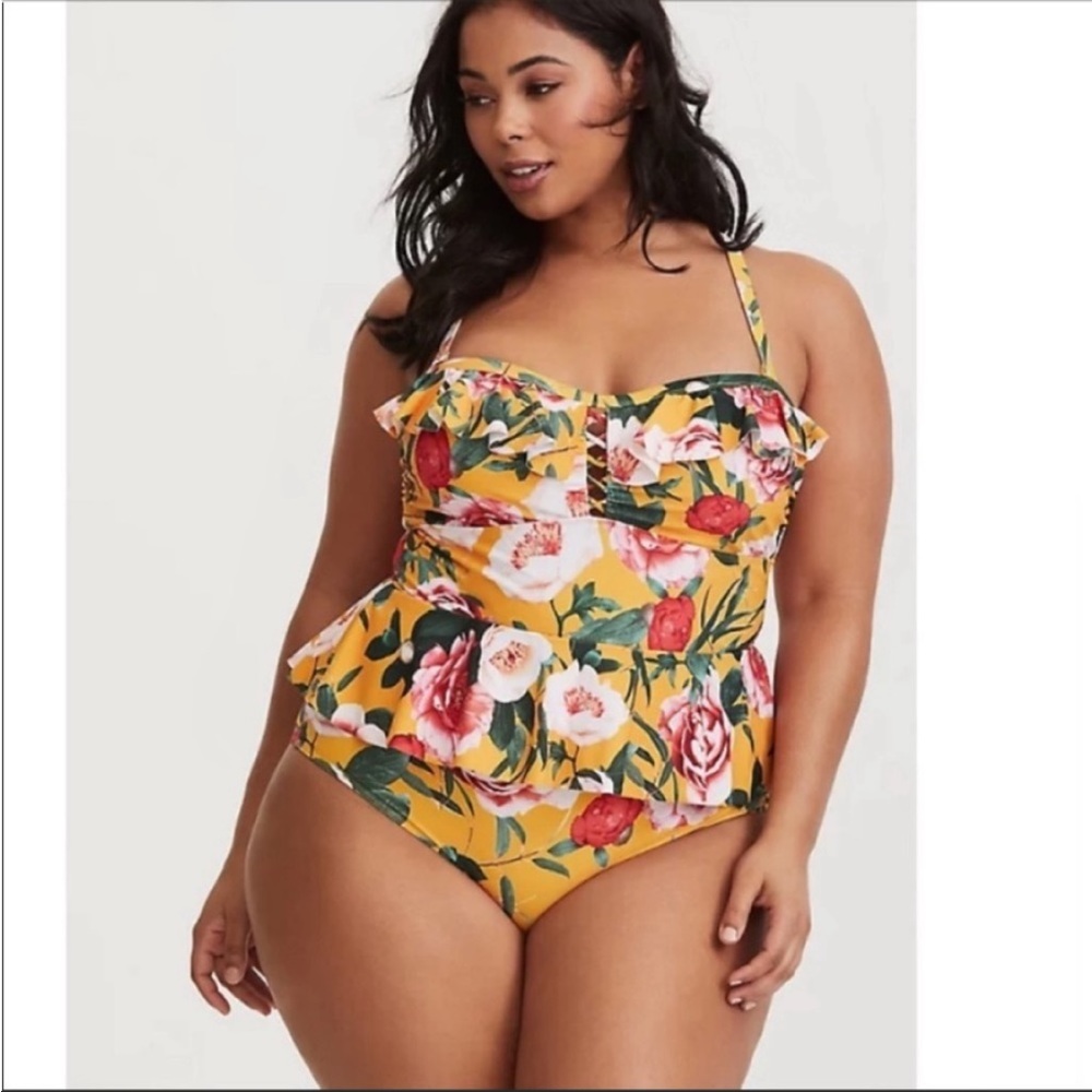 Torrid yellow floral peplum swimsuit